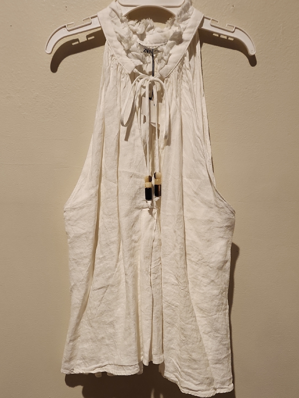 ❤️ NWT! ZARA LINEN SLEEVELESS BEADED TIE FRONT TOP, HALTER NECKLINE, IVORY, XS - Picture 2 of 10